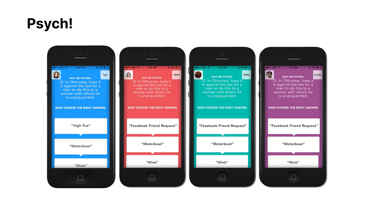 Psych! concept screens showing a fact-or-fiction question with multiple answers